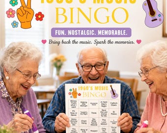 1960's Music Bingo Game Printable | 60s Song Trivia Activity | party game