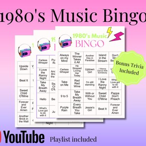May include: A 1980's Music Bingo game set featuring three white cards with a pink and blue cassette player icon, song titles in a grid, and a light green starburst shape with the text Bonus Trivia Included and YouTube Playlist included.