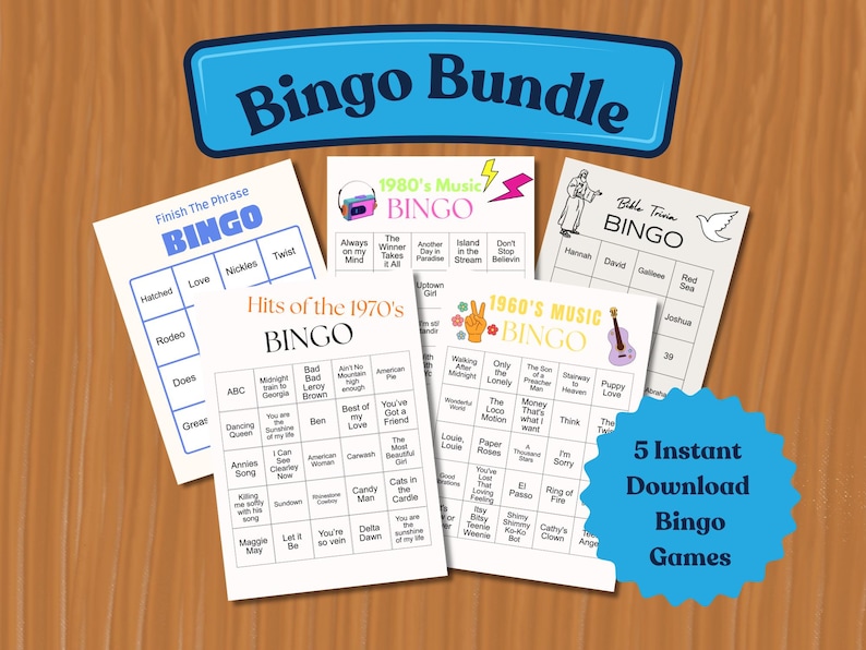 Bingo bundle includes 3 music bingos and two trivia bingos