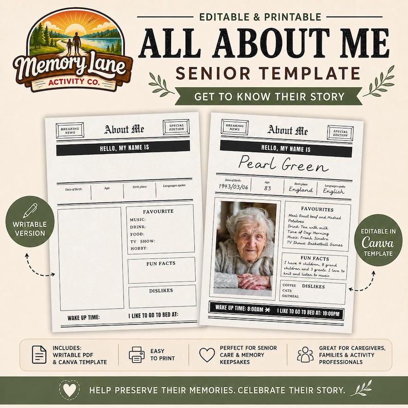 May include: An editable and printable All About Me senior template featuring a newspaper-style layout with sections for personal details, favorites, fun facts, and dislikes. The design includes a space for a photograph and text fields for biographical information.