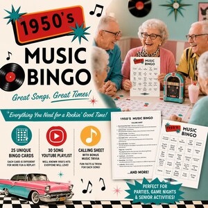 Puede incluir: Un juego de bingo musical de los a&ntilde;os 50 con un logotipo rojo y verde azulado, gr&aacute;ficos de discos de vinilo negros y una ilustraci&oacute;n de un coche cl&aacute;sico rosa. El set incluye 25 tarjetas de bingo &uacute;nicas, una hoja de llamadas y una lista de reproducci&oacute;n.