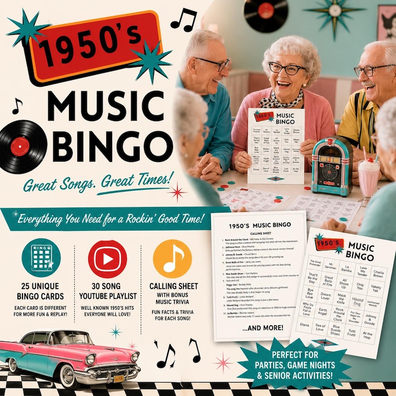 Puede incluir: Un juego de bingo musical de los a&ntilde;os 50 con un logotipo rojo y verde azulado, gr&aacute;ficos de discos de vinilo negros y una ilustraci&oacute;n de un coche cl&aacute;sico rosa. El set incluye 25 tarjetas de bingo &uacute;nicas, una hoja de llamadas y una lista de reproducci&oacute;n.