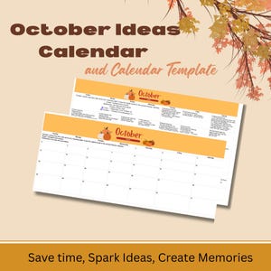 May include: A printable October calendar and template featuring a horizontal layout with a yellow header, pumpkin illustrations, and the text October Ideas Calendar and Calendar Template. The grid includes days of the week and dates.