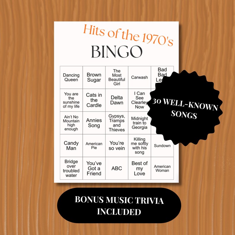 Hits of the 1970's music bingo includes 25 unique cards