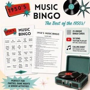 Puede incluir: Un juego de bingo musical de los a&ntilde;os 50 que incluye una tarjeta de bingo, una hoja de llamadas con curiosidades sobre canciones y un tocadiscos port&aacute;til. El set contiene 25 tarjetas de bingo &uacute;nicas, una lista de reproducci&oacute;n de 30 canciones.