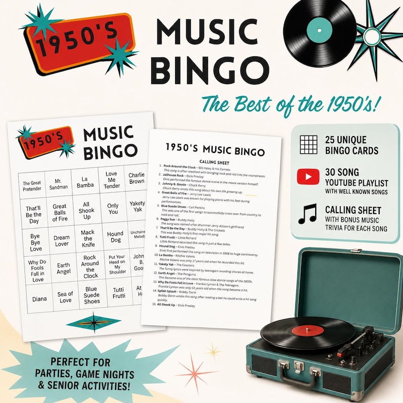 Puede incluir: Un juego de bingo musical de los a&ntilde;os 50 que incluye una tarjeta de bingo, una hoja de llamadas con curiosidades sobre canciones y un tocadiscos port&aacute;til. El set contiene 25 tarjetas de bingo &uacute;nicas, una lista de reproducci&oacute;n de 30 canciones.