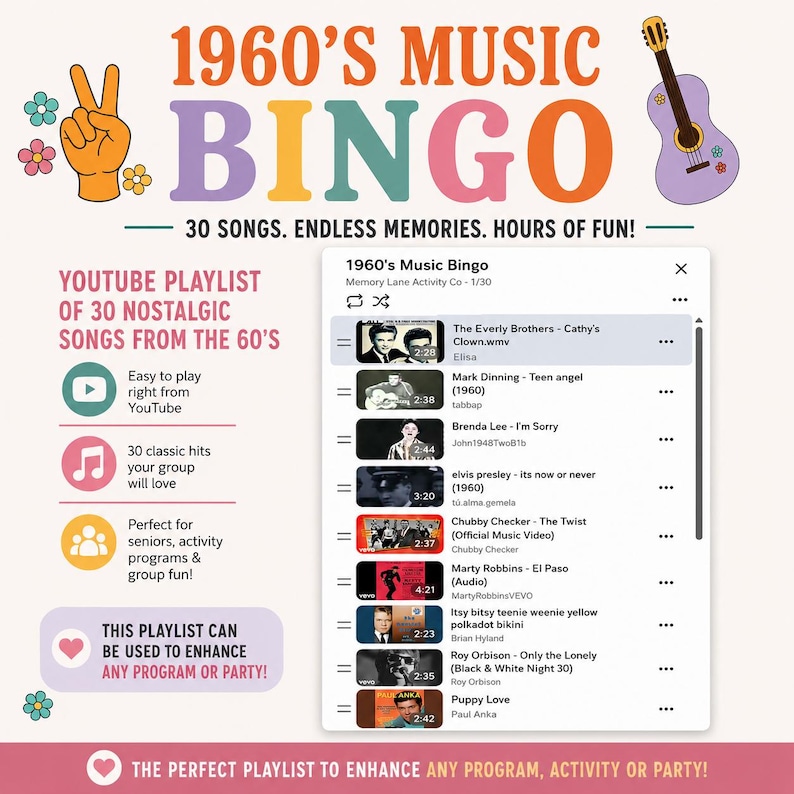 May include: A colorful graphic promoting a 1960s music bingo game. The image includes a playlist of 30 nostalgic songs from the 60s, a peace sign, a guitar, and the text "1960's Music Bingo". The playlist is perfect for seniors, activity programs, and group fun.