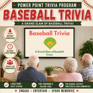 May include: A digital PowerPoint trivia program titled Baseball Trivia featuring a baseball field graphic. The screen displays the text Baseball Trivia and A Grand Slam of Baseball Trivia. Circular icons indicate instant download and no prep.