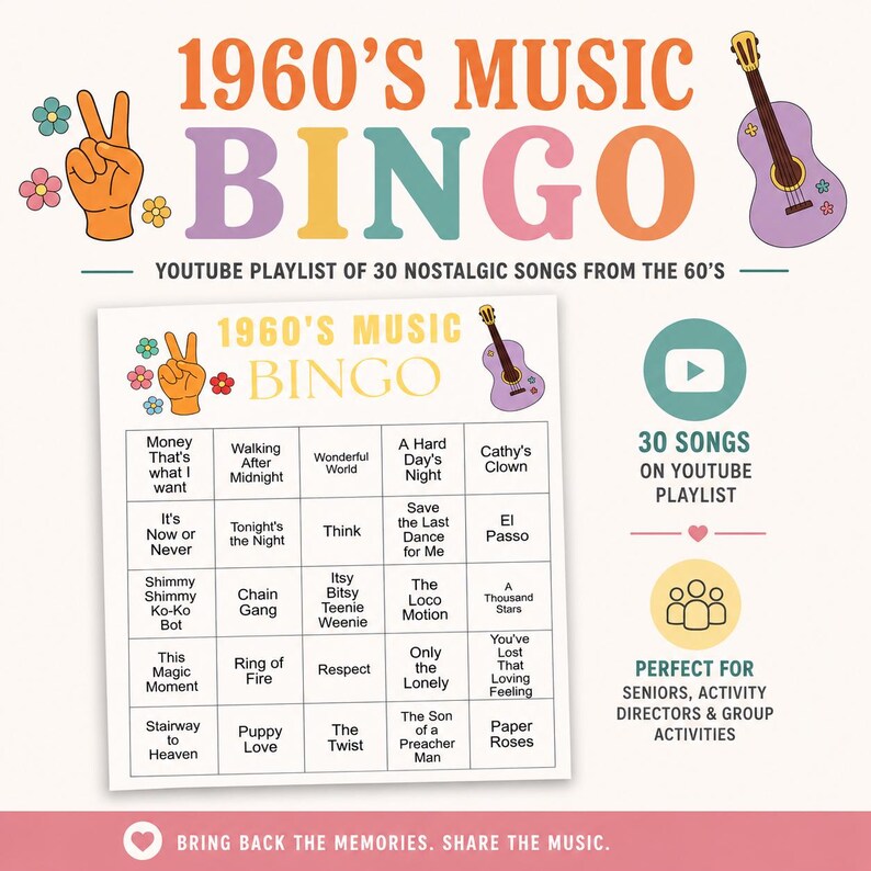 1960's music bingo shows the printable bingo cards with all the songs listed on it