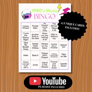 1980's music bingo with 30 well known songs and a youtube play list