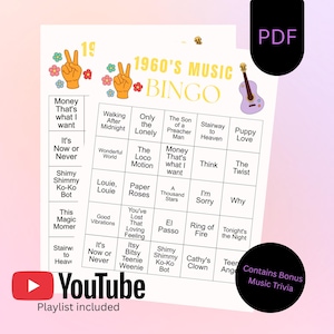 May include: A printable 1960s music bingo game with a colorful design. The bingo card features song titles, peace signs, flowers, and a guitar. Includes a YouTube playlist and bonus music trivia.