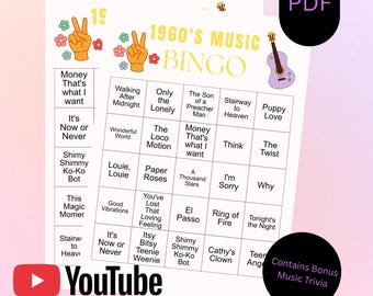 1960's Music Bingo Game Printable | 60s Song Trivia Activity | Reminiscing Therapy