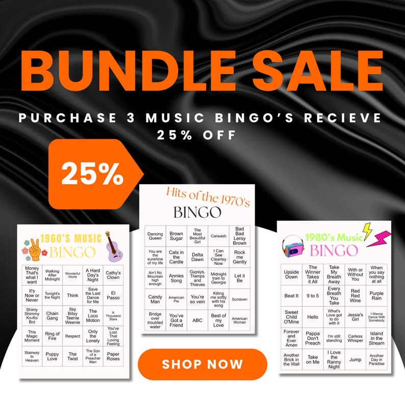 May include: Promotional graphic for a music bingo bundle sale. The image shows three bingo cards with song titles from the 1960s, 1970s, and 1980s. The text reads "Bundle Sale" and "Purchase 3 Music Bingo's Receive 25% Off."