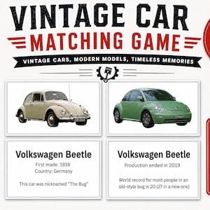 Op de afbeelding: Een vintage auto matching game met twee Volkswagen Beetle auto's, een beige en een groene. Het spel bevat 28 dubbelzijdige kaarten en is geschikt voor alle leeftijden. Tekst op het spel bevat "Vintage Cars, Modern Models, Timeless Memories."