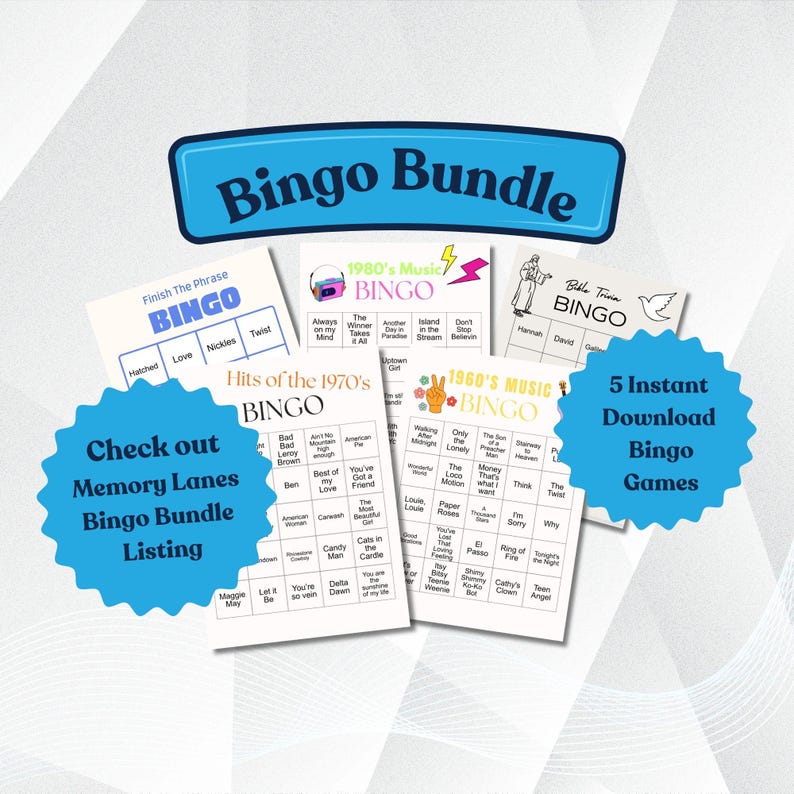 May include: A Bingo Bundle graphic with the text "Bingo Bundle" at the top. The image features several bingo cards with themes like 1980s music, 1960s music, and Bible trivia. Additional text includes "5 Instant Download Bingo Games."
