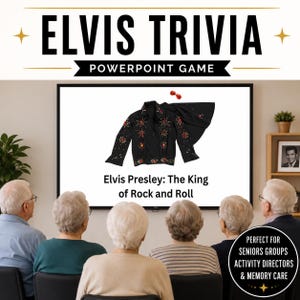 May include: A digital Elvis Trivia PowerPoint game displayed on a large screen. The screen shows a black jacket with red and gold star-shaped embellishments, red sunglasses, and the text Elvis Presley: The King of Rock and Roll in black font.