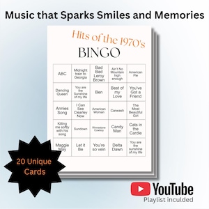 Juego de bingo musical de los años 70 / Actividad de terapia de reminiscencia para personas mayores (PDF imprimible)
