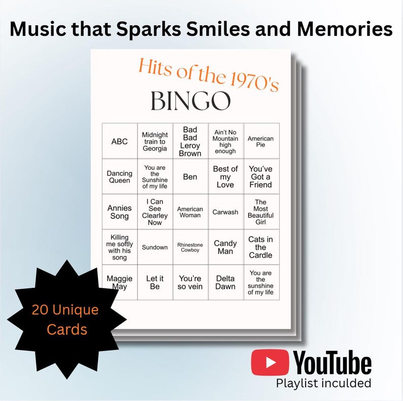 1970s Music Bingo Game | Senior Reminiscence Therapy Activity (Printable PDF) image 1