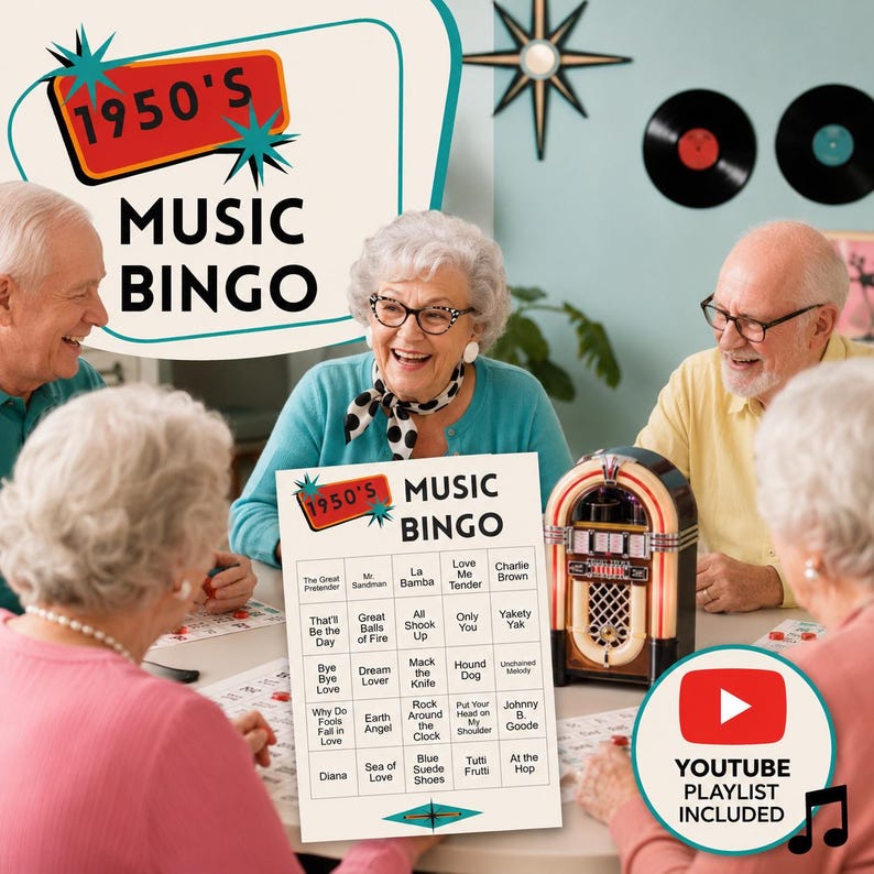 Puede incluir: Un juego de bingo musical de los a&ntilde;os 50 que incluye una tarjeta de juego blanca con una cuadr&iacute;cula de t&iacute;tulos de canciones, una gramola en miniatura y un logotipo con el texto 1950's Music Bingo. Incluye un icono de lista de reproducci&oacute;n de YouTube.