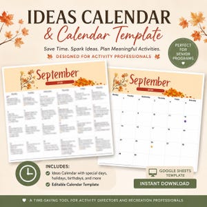 May include: A digital calendar template for September 2026 featuring autumn leaf illustrations. The text reads IDEAS CALENDAR & Calendar Template, Save Time. Spark Ideas. Plan Meaningful Activities. DESIGNED FOR ACTIVITY PROFESSIONALS, and Google Sheets Template.