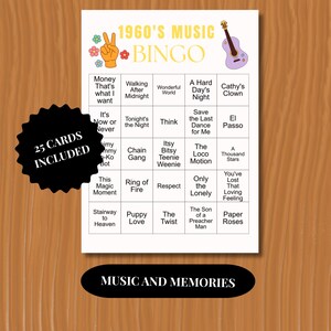 1960's music bingo 30 popular songs everyone will know and love