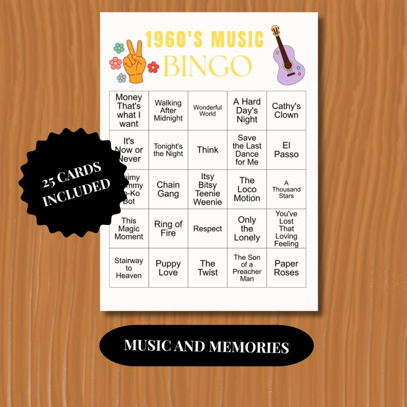 1960's music bingo 30 popular songs everyone will know and love