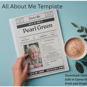 May include: A printable All About Me template designed like a newspaper, featuring sections for personal details, favorites, fun facts, and dislikes, with a placeholder for a photograph. The text includes headings like About Me, Favourites, and Fun Facts.