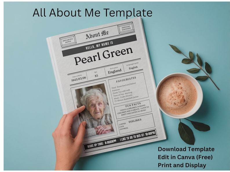 May include: A printable All About Me template designed like a newspaper, featuring sections for personal details, favorites, fun facts, and dislikes, with a placeholder for a photograph. The text includes headings like About Me, Favourites, and Fun Facts.