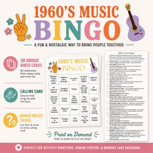 May include: A colorful 1960s Music Bingo game set. The image features bingo cards, a calling card, and trivia cards. The design includes a peace sign, flowers, and a purple guitar. Text includes "Print on Demand".