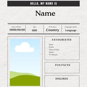 May include: A black and white printable template titled About Me, designed like a newspaper with sections for personal details, favorites, fun facts, and dislikes. It includes a placeholder for a photo featuring a blue sky, white cloud, and green hills.