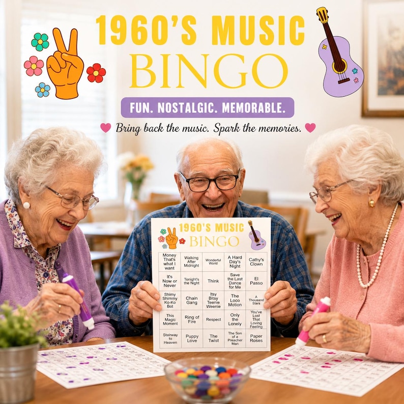 phot shows seniors playing 1960's music bingo