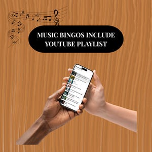 two hands hold a phone listing to a play list for a music bingo