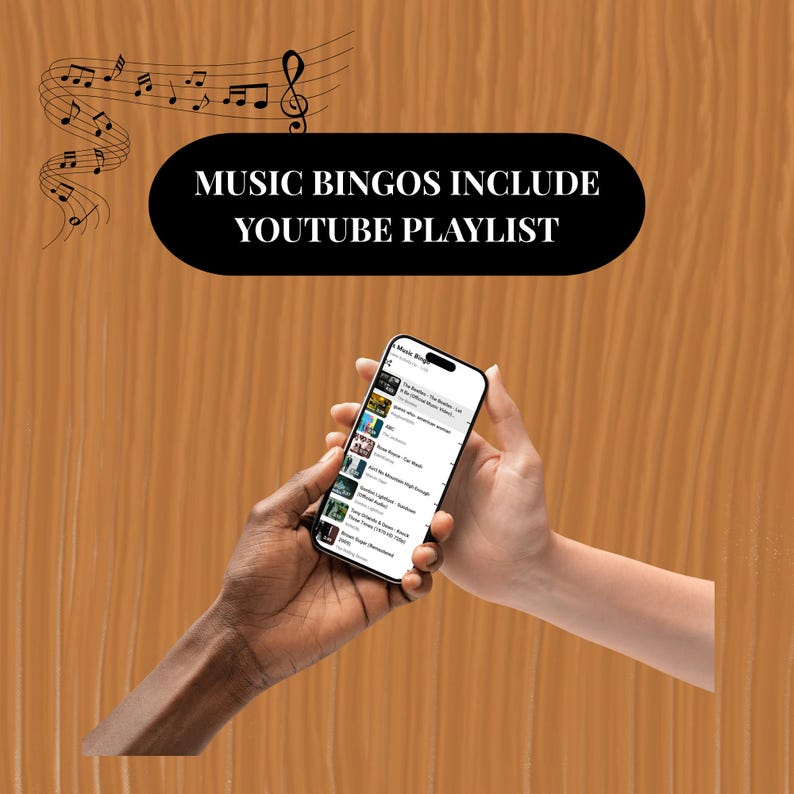 two hands hold a phone listing to a play list for a music bingo