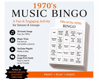 1970s Music Bingo Game | Senior Reminiscence Therapy Activity (Printable PDF)