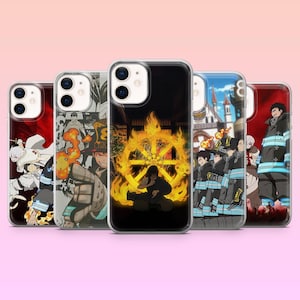 May include: A collection of clear phone cases featuring colorful anime-style illustrations. The designs include characters and symbols with a fiery theme, set against various backgrounds. The cases are displayed on a pink gradient background.