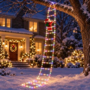 Pode incluir: Uma decoração de Natal com uma figura do Pai Natal em fato e gorro vermelhos a subir uma longa escada de corda iluminada com luzes LED multicoloridas. A escada está pendurada num ramo de árvore e estende-se até ao chão coberto de neve.