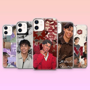 May include: A collection of phone cases featuring a collage design. The cases display images of a person in various outfits and poses, with text overlays. The color palette includes red, brown, and purple.