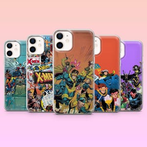 May include: Five phone cases featuring comic book art of X-Men characters. The cases have clear sides and colorful designs, including characters like Wolverine, Cyclops, and others. The backgrounds are various colors, including orange and purple.