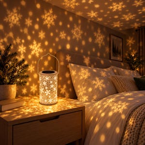 May include: A cylindrical white metal lantern with a handle and intricate snowflake cutouts that projects warm, glowing snowflake patterns onto the surrounding walls, ceiling, and bedding, creating a festive atmosphere in a bedroom setting.