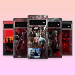 May include: A collection of five phone cases featuring various designs with a red and black color scheme. The cases showcase images of a character with white hair, text that reads "Devil May Cry", and other graphic elements.