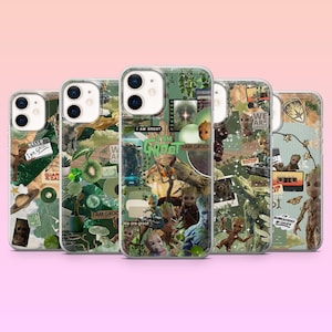 Puede incluir: Cinco fundas para teléfono con un diseño de collage que presenta al personaje Groot de Guardianes de la Galaxia. Las fundas son predominantemente verdes con varias imágenes y texto, incluyendo "I AM GROOT" y "We are Groot".