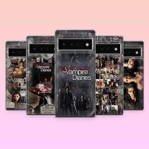 May include: A collection of five phone cases featuring various designs related to "The Vampire Diaries." The cases display images of characters, scenes, and the show's logo. The cases have a clear, glossy finish.