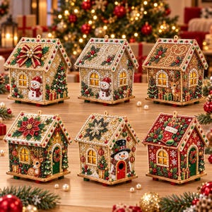 May include: Six decorative miniature houses featuring festive holiday themes including snowmen, reindeer, poinsettias, and stockings. Each house is adorned with intricate beadwork, glittery gold finishes, and warm interior lighting.