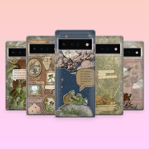 May include: A collection of phone cases with whimsical illustrations. The cases feature scenes with frogs, text, and vintage-style artwork. The color palette includes greens, blues, and browns, with a pink background. The text includes phrases like "Dear Toad" and "let's runaway."