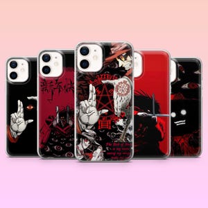 May include: A collection of five phone cases with various anime-style designs. The cases feature bold red and black color schemes with illustrations of characters, symbols, and text. The designs include a hand gesture, eyes, and a pentagram.