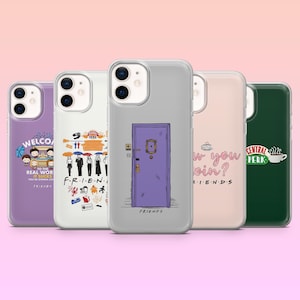 May include: A collection of phone cases featuring designs inspired by the TV show "Friends." The cases display iconic imagery, including the purple apartment door, Central Perk logo, and various quotes and graphics from the show.
