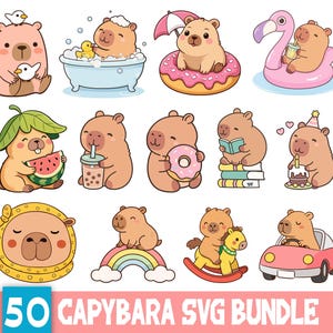 Op de afbeelding: Een verzameling cartoon illustraties van capibara's in verschillende poses. Een capibara zit in een bad, een ander op een donut en een ander rijdt in een roze auto. De tekst "50 CAPYBARA SVG BUNDLE" staat onderaan.