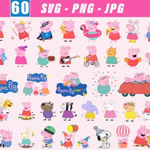 May include: A collection of 60 Peppa Pig themed digital graphics in SVG, PNG, and JPG formats. The images feature Peppa Pig in various costumes and scenarios, including with family, friends, and accessories. The background is light pink.
