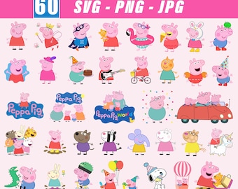 Peppa Pig SVG-Bundle, 60 Zeichentrickfiguren, Kindergeburtstag-Shirt-Design (Digitaler Download)
