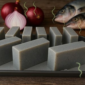 May include: A tray of gray rectangular soaps, arranged on parchment paper, with red onions, a yellow onion, and two fish in the background. The image suggests a culinary or food-related theme.
